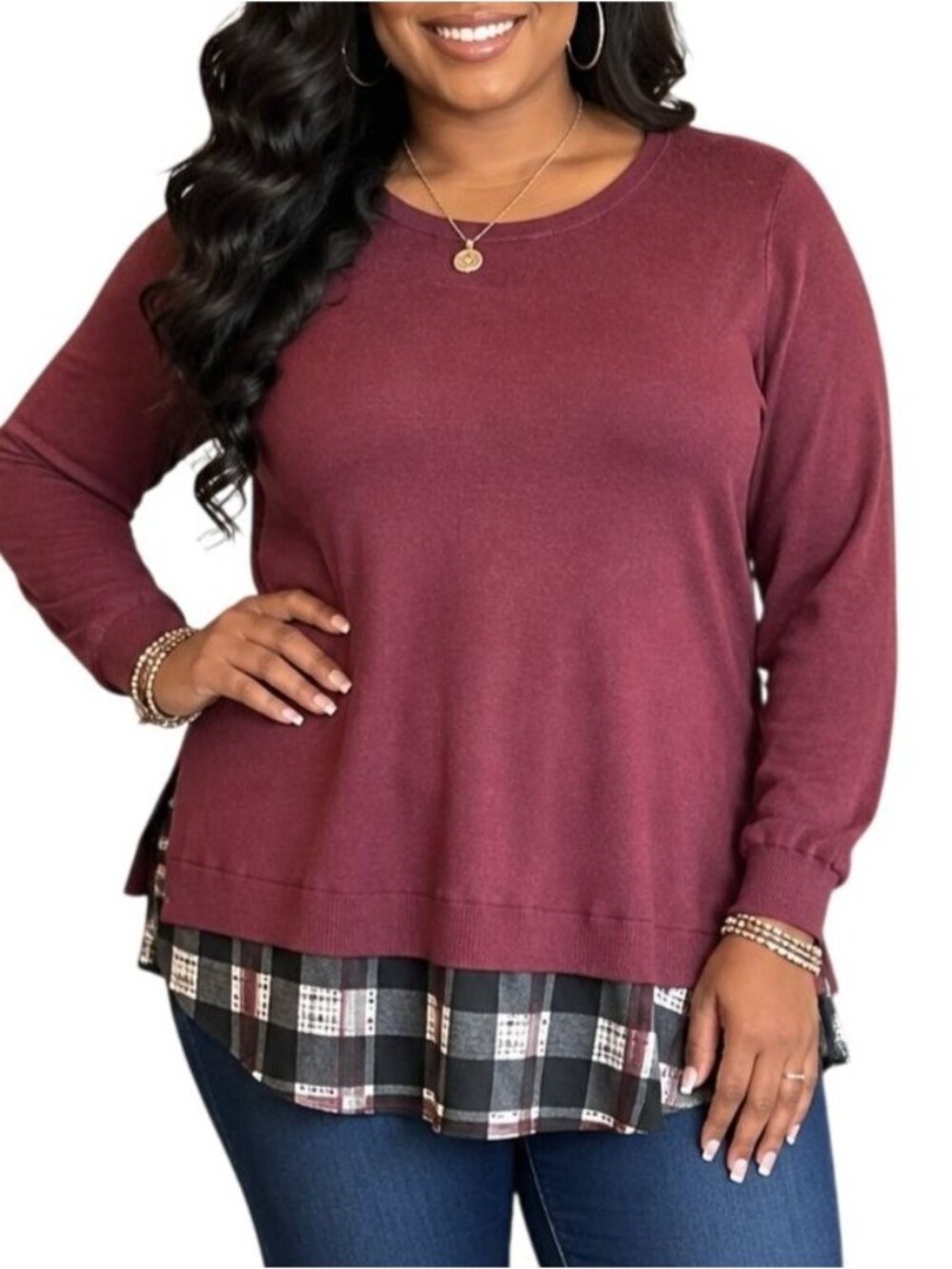 Croft & Barrow Size Large Top Layered Burgundy Plaid Hem Long Sleeve Tunic